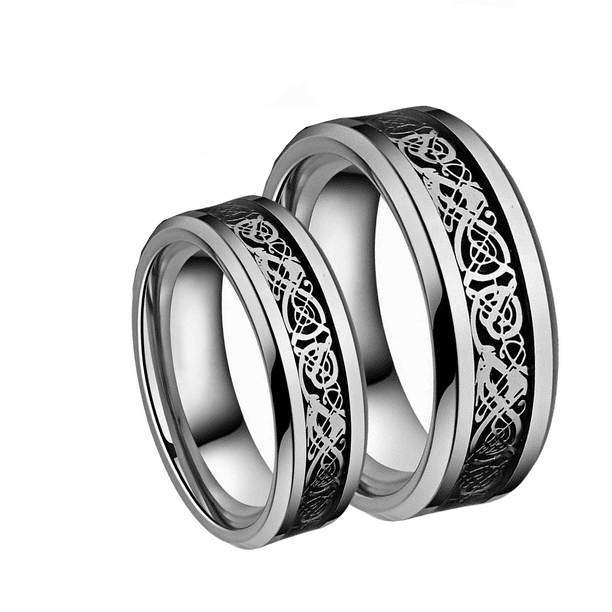 Free Engraving His 8mm & Her's 6mm Tungsten Carbide Wedding Band Ring Set with Black Carbon Fiber Inlay 